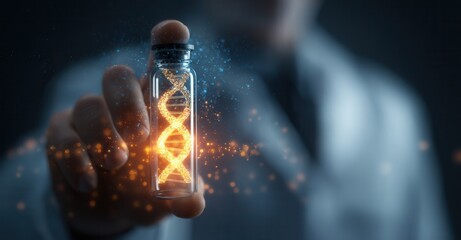 Researcher showcasing a vial containing a glowing DNA structure, representing advancements in genetics and medical research