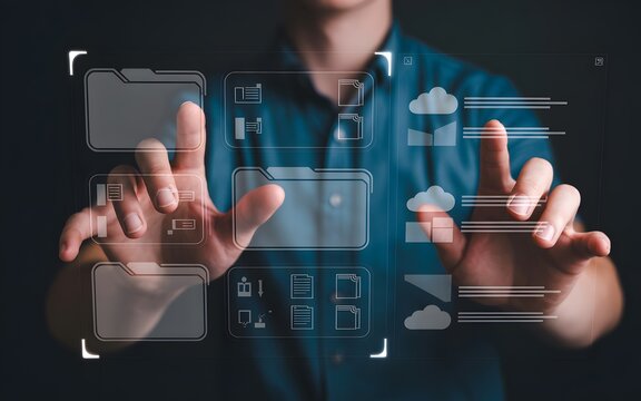 Modern digital technology concept person interacting with futuristic touchscreen interface for data access