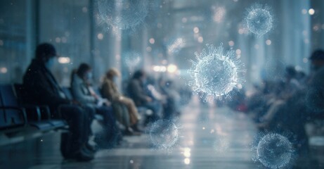 Crowd wearing masks in waiting area with floating virus particles, depicting infection risk, emphasizing vigilance, and public health concerns.