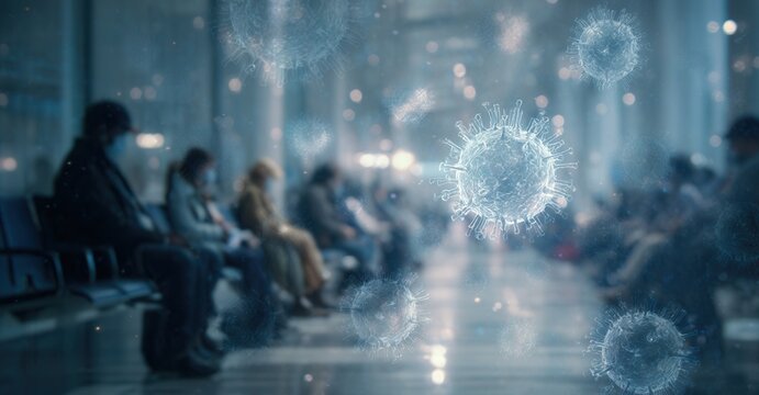 Crowd wearing masks in waiting area with floating virus particles, depicting infection risk, emphasizing vigilance, and public health concerns.