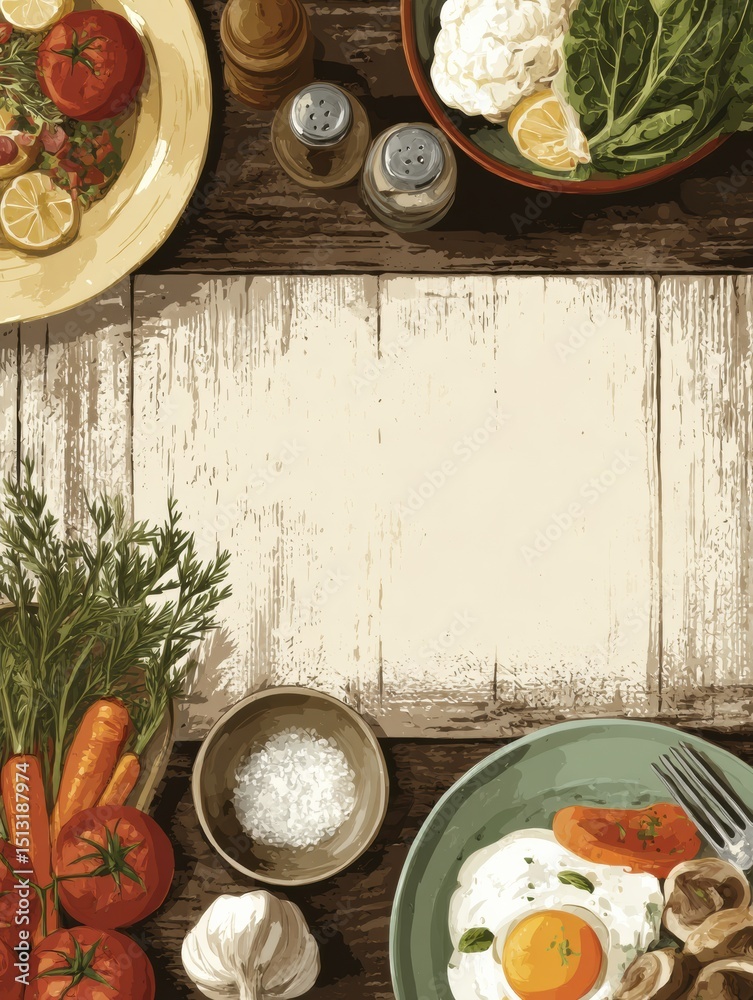 Poster plant-based meal featuring fresh ingredients and rustic setting on a wooden table with greenery, per