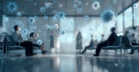 Waiting room scene, depicted with enhanced visualization of airborne viruses during an outbreak or pandemic. People waiting in a crowded place