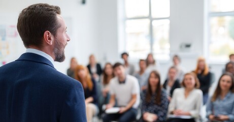 Speaker engaging a diverse audience in a bright room, fostering learning and connection during a seminar or presentation.