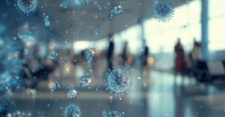 Virus particles floating in an indoor public space, possibly spreading illness. Illustrative of public health risks and disease transmission.