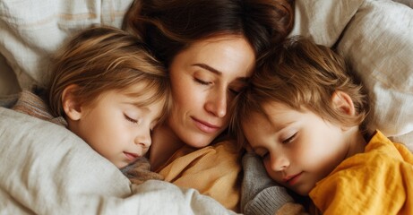 Mom and children napping in bed: Warm embrace, peaceful sleep, cozy togetherness, and a tender moment of motherly love.