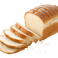 A sliced loaf of bread with a golden-brown crust sprinkled with seeds, revealing a soft, white interior. Several slices are fanned out, with some crumbs scattered around. The background is dark.