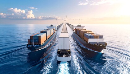 Sea To Land Freight Bridge With Modular Cargo Units And Watercrafts Under Sunlight