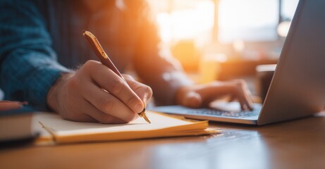 Person writing in a notebook while simultaneously using a laptop in a brightly lit area, showcasing focused multitasking.