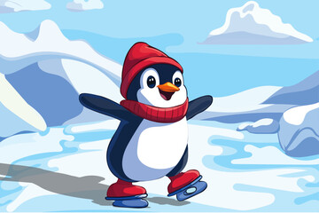 Cute penguin on ice while wearing skis with snow background , vector illustration design.