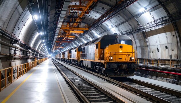 Yellow And Black Train In Illuminated Tunnel With Tracks And Infrastructure