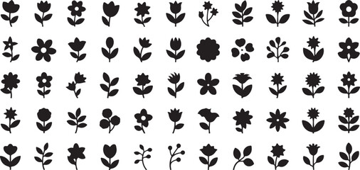 Fototapeta premium Bold Black Flower Silhouette Set – Minimal Floral Icons for Modern Design and Nature-Themed Projects