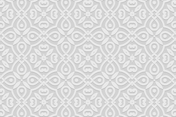 Ethnic white background, cover design, banner, handmade wallpaper, boho. Geometric elegant 3D pattern. Embossed ornaments, arabesques, mandala of the East, Asia, India, Mexico, Aztec, Peru.