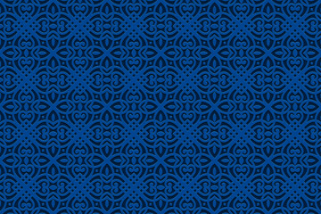 Ethnic blue background, cover design, banner, handmade wallpaper, boho. Geometric vintage 3d pattern. Embossed ornaments, arabesques, mandala of the East, Asia, India, Mexico, Aztec, Peru.