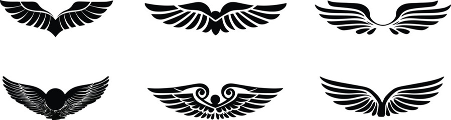 Fototapeta premium Elegant Wing Silhouette Set – Diverse Feather Designs for Fantasy, Tattoo, and Creative Illustrations