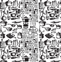 Hand-drawn kitchen utensils and food items arranged in a pattern.
