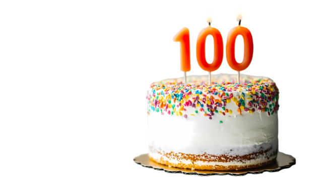 A celebratory cake with orange candles shaped like the number one hundred  isolated on transparent background