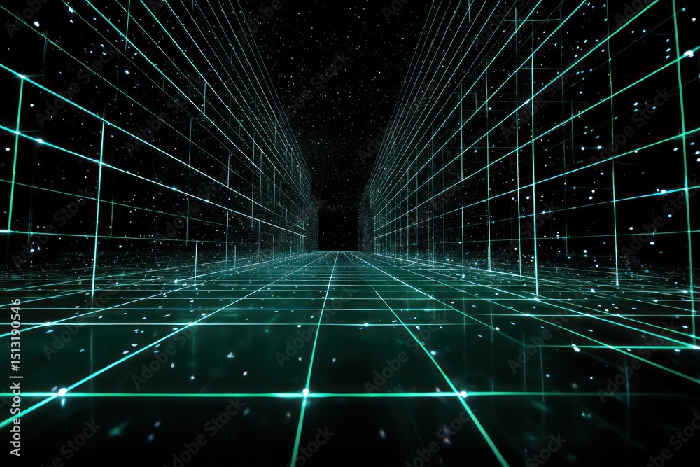 Poster digital reality space with glowing lines connecting different points in a virtual world.
