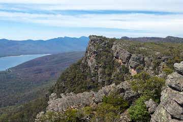 Naklejka premium Panoramic Landscape from the Pinnacle Lookout, Grampians National Park, Victoria, Australia – Eucalypt-Filled Valleys and Sandstone Ranges
