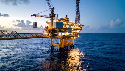 Modular Refinery Platform Offshore Illuminated By Crystalline Lighting During Twilight