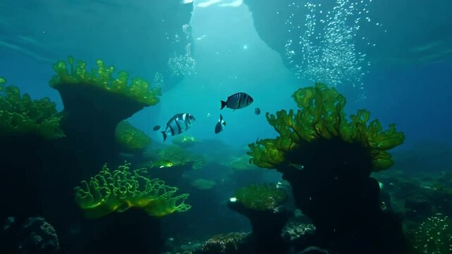 Underwater scene with colorful fish and green plants showing marine life in ocean visuals for nature or aquatic ecosystem themed content