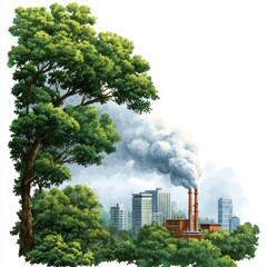 Fototapeta premium Industrial emissions impacting urban nature cityscape digital art pollution aerial view environmental concern