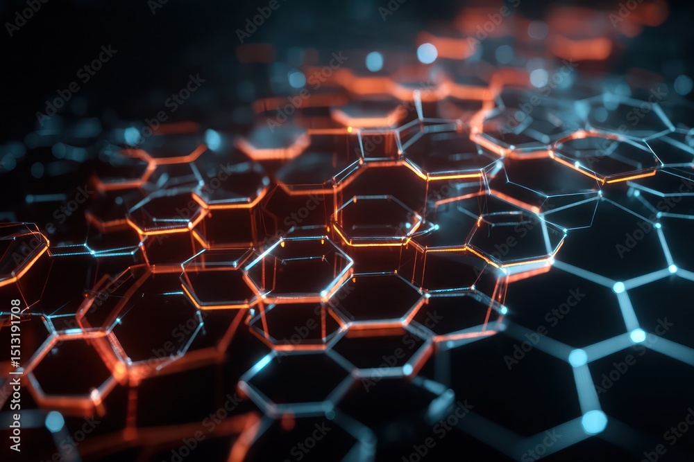 Poster interconnected glowing hexagons illustrating the complexity of futuristic tech systems.