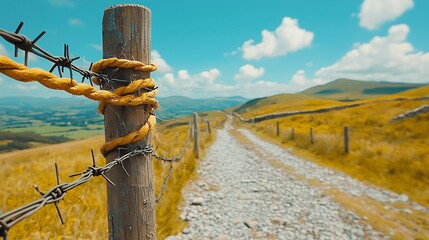 Serene Hilltop Path Gravel Road Winding Through Golden Fields Under a Vibrant Blue Sky