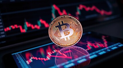 Digital Gold Intricate Bitcoin Design Amidst Stock Market Fluctuations on a Tablet 
