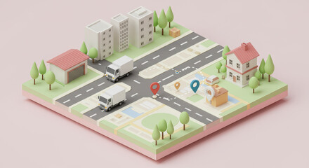 Isometric Cityscape Illustration with Delivery Trucks