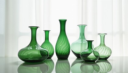 Elegant green glass vases in various shapes on reflective surface  
