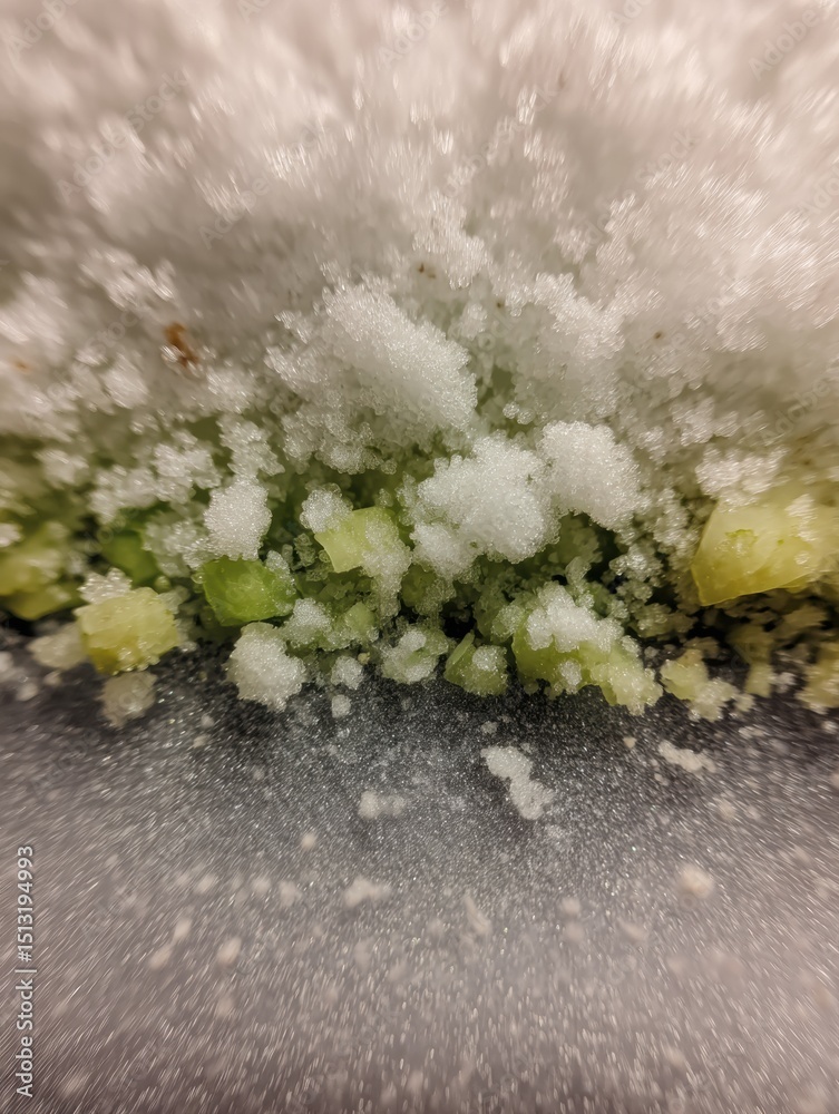 Poster Macro Capture of Frost Particles on Frozen Vegetable Pack Showcasing Soft Texture at Right Margin