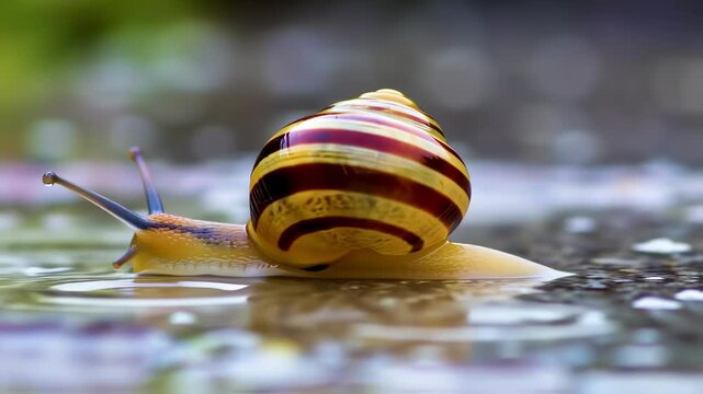 Close-up view capturing a snail's slow journey across a water surface, its reflective shell mirroring the blurry background