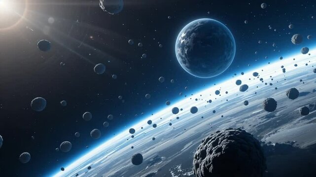 Stunning Space Scene Astroid Field Orbiting Planet Earth Celestial Bodies Galaxy Universe Exploration