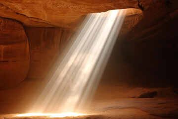 Spectacular sunlight beams penetrate the cave opening revealing stunning rock formations and sandy floor. Generative AI