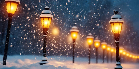Snowy Evening Pathway Illuminated by Softly Glowing Street Lamps

