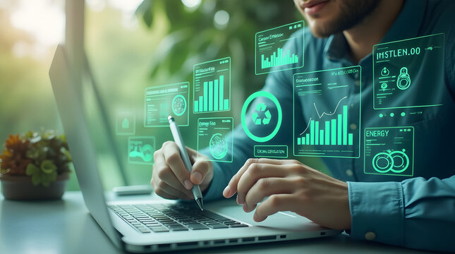 Man analyzing digital data dashboards on laptop with pen - Powered by Adobe