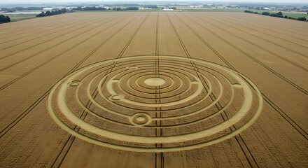 Aerial View of Intricate Crop Circle in Golden Wheat Field