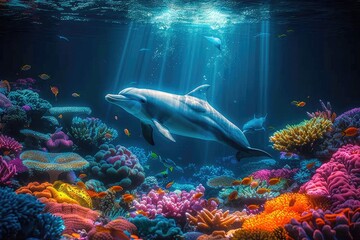 Obraz premium Bubbles Rise in a Whimsical Underwater Scene of Playful Fish, Coral Gardens, and Gentle Currents