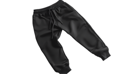 A pair of black sweatpants with a drawstring waistband on a plain black studio background angled view isolated on transparent background