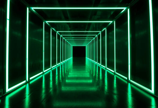 Abstract tunnel with green neon light futuristic neon abstract background.