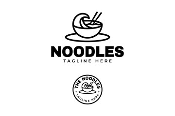 noodle food with wave ocean, chopstick and bowl outline line art illustration badge logo design set for food courts, restaurant, eatery, cafeteria business