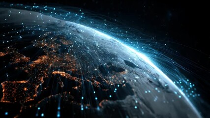 Stunning aerial view of Europe at night, illuminated by city lights and digital data streams in the background - Powered by Adobe