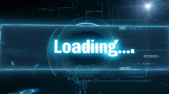 Loading text in glowing blue font on futuristic digital interface used in tech visuals or transition screen animation clips