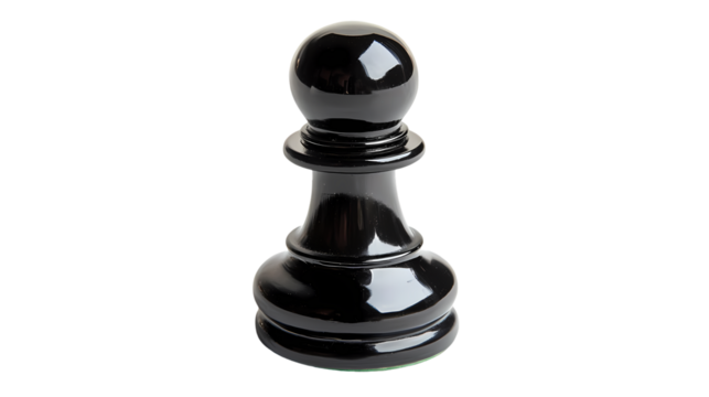 A single black chess pawn piece is displayed  a stark  in a studio shot isolated on transparent background