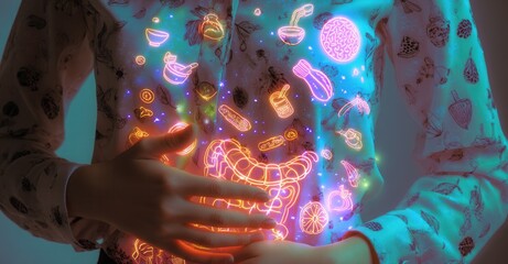 Illuminated health: Hands cradle glowing digestive system, representing wellness, gut health, and the importance of nourishment.