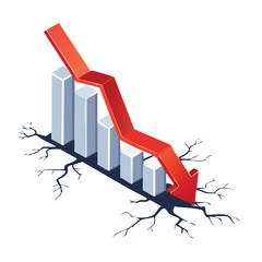 Financial crisis graph with red downward arrow and cracks Isometric style.