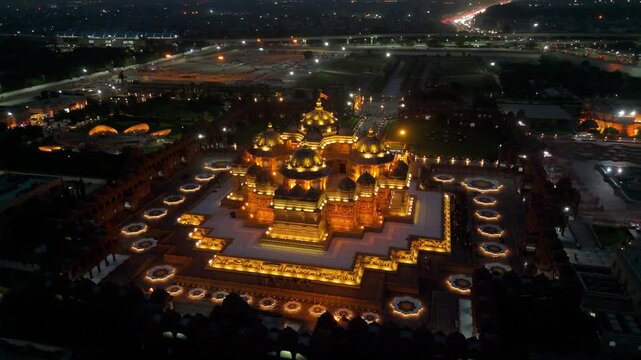 Akshardham Temple Illuminated at Night, Captured by Drone