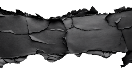 Close up of a black cracked surface with a torn edge   in monochrome isolated on transparent background