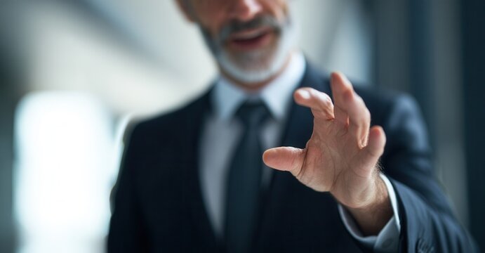Business professional gesturing with open hand, conveying a sense of explanation, offering, or welcoming in corporate setting.