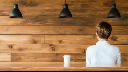 economy  business  sustainability concept. A person seated at a wooden counter, facing a rustic wall with pendant lights and a coffee cup.